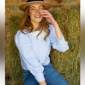 NINA BLANC BEAUTIFUL LACE COLLAR GINGHAM BLUE AMD WHITE COTTON BLOUSE . Size L